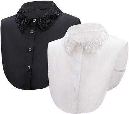 Set of 2 Women's Shirt Collars - Detachable Point Collar Basic - Collars for Women - Ruffles - Detachable Women's Collars to Wear Undergarments - Shirt Collar - Shirt Collar - Faux Detachable Collar - Shirt Replacement - One Size Adjustable - Black and Wh
