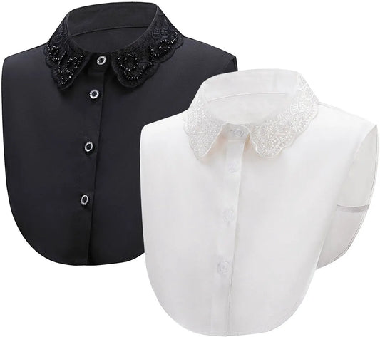 Set of 2 Women's Shirt Collars - Detachable Point Collar Basic - Collars for Women - Ruffles - Detachable Women's Collars to Wear Undergarments - Shirt Collar - Shirt Collar - Faux Detachable Collar - Shirt Replacement - One Size Adjustable - Black and Wh