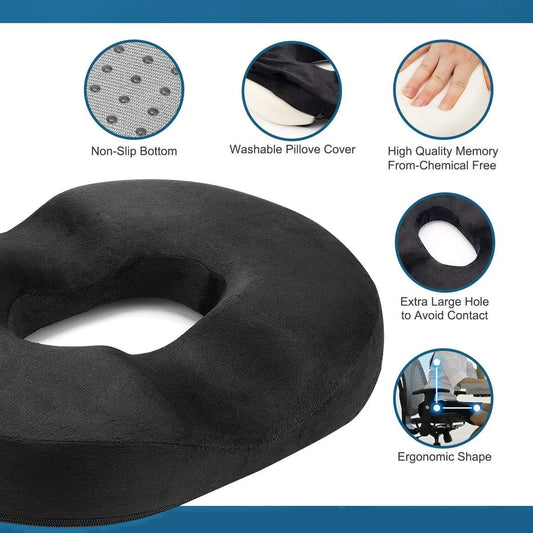 Donut Pillow-Hemorrhoid Pillow-Memory Foam Pillow for Pregnancy-Coccyx-Orthopedic & Ergonomic For Car And Office Chair-Beds, Back, Sciatica-45*34*7 CM-Black - Image 2