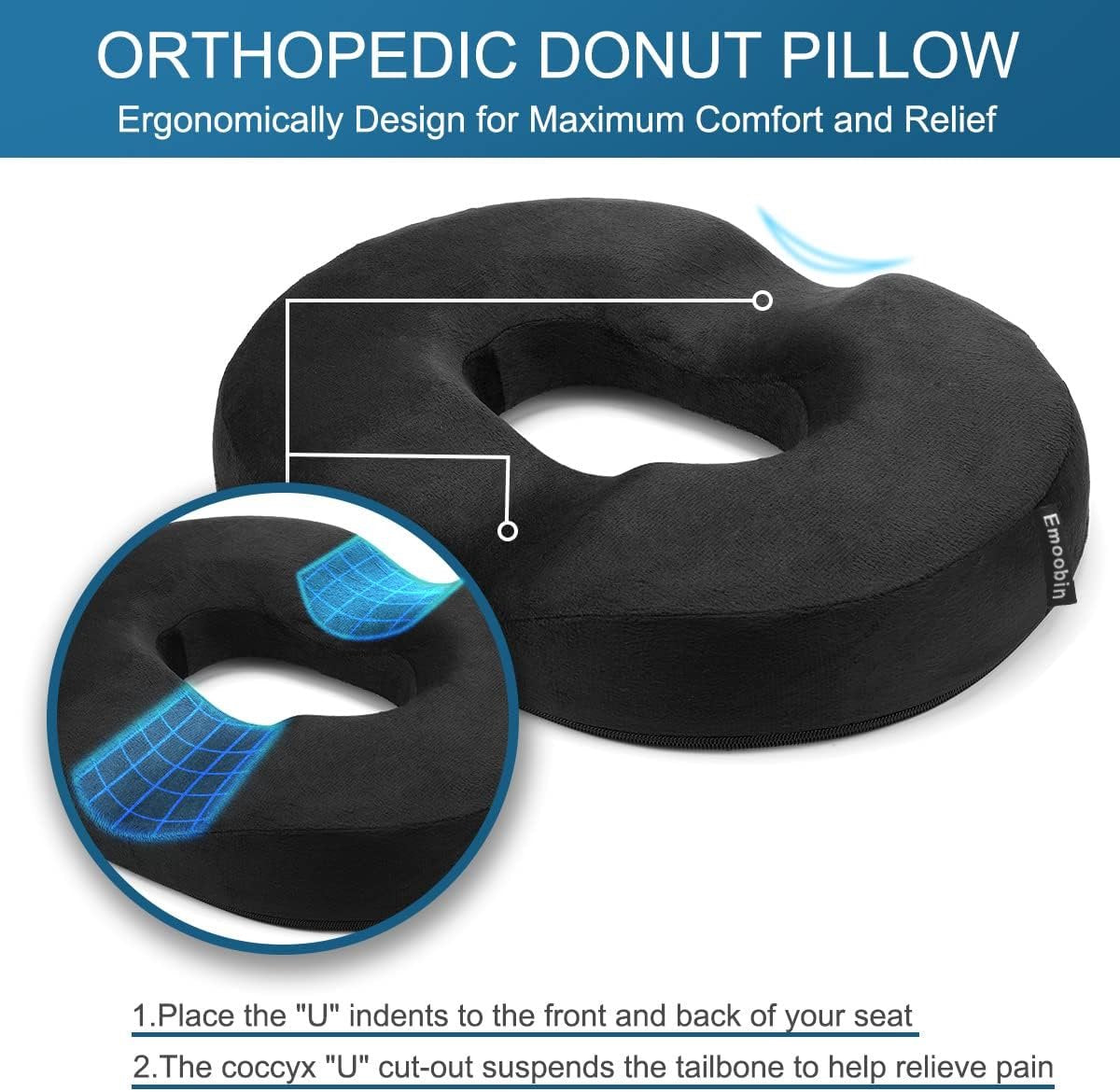 Donut Pillow-Hemorrhoid Pillow-Memory Foam Pillow for Pregnancy-Coccyx-Orthopedic & Ergonomic For Car And Office Chair-Beds, Back, Sciatica-45*34*7 CM-Black - Image 3