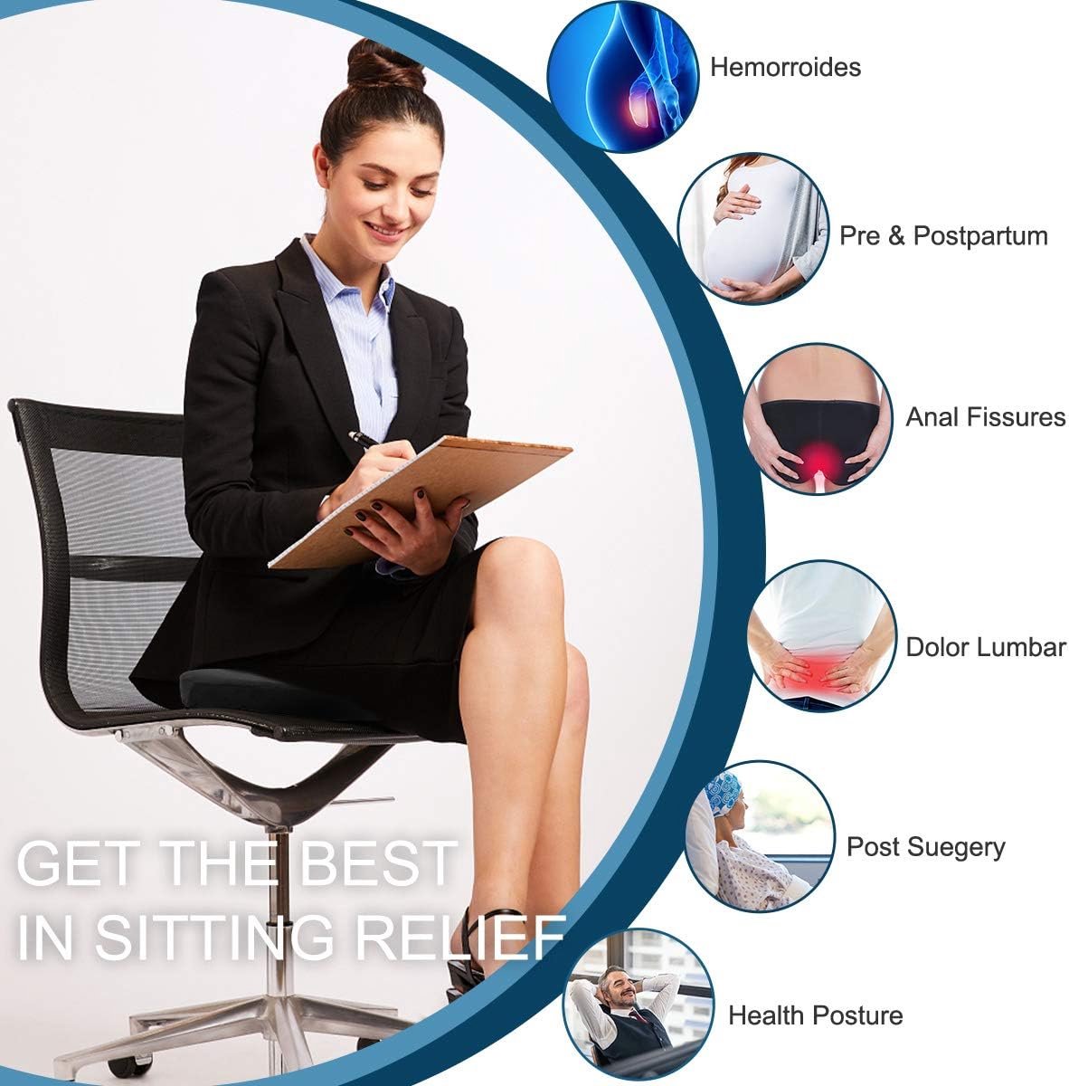 Donut Pillow-Hemorrhoid Pillow-Memory Foam Pillow for Pregnancy-Coccyx-Orthopedic & Ergonomic For Car And Office Chair-Beds, Back, Sciatica-45*34*7 CM-Black - Image 5