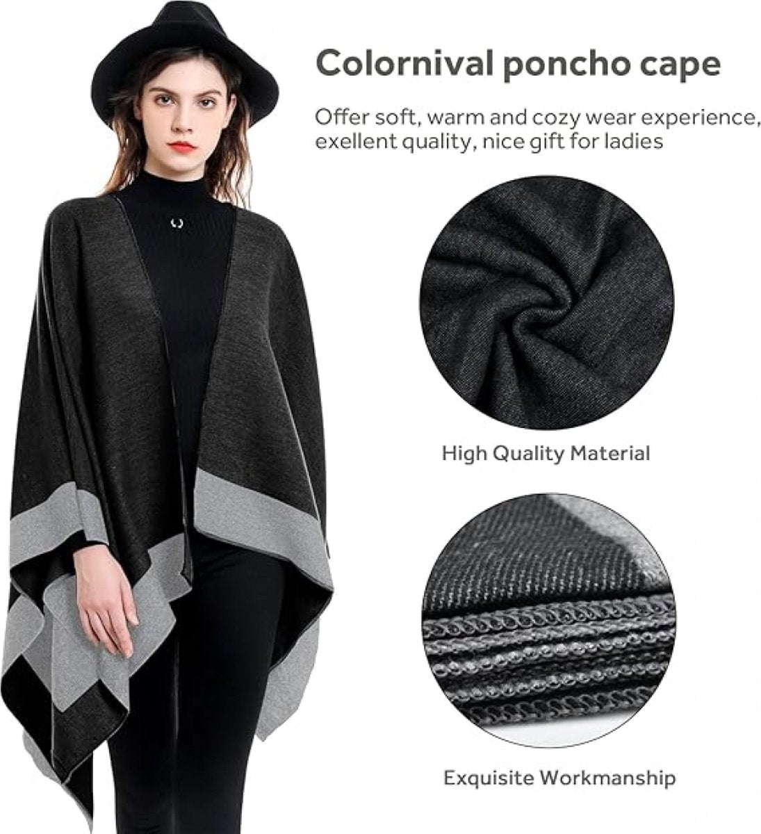 Women's Wrap - Women's Scarf - 160 x 130 Cm - Wrap Scarf - Fashion Scarf - Stole - Small Scarf - Warm Winter Scarf - Scarf for Women - Shawl - Black and Grey - Gift - Elegant - Image 2