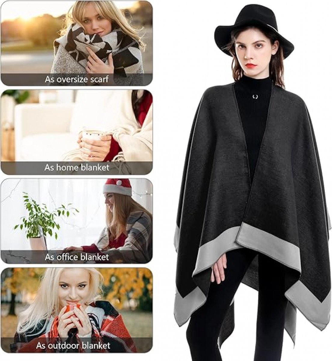 Women's Wrap - Women's Scarf - 160 x 130 Cm - Wrap Scarf - Fashion Scarf - Stole - Small Scarf - Warm Winter Scarf - Scarf for Women - Shawl - Black and Grey - Gift - Elegant - Image 3
