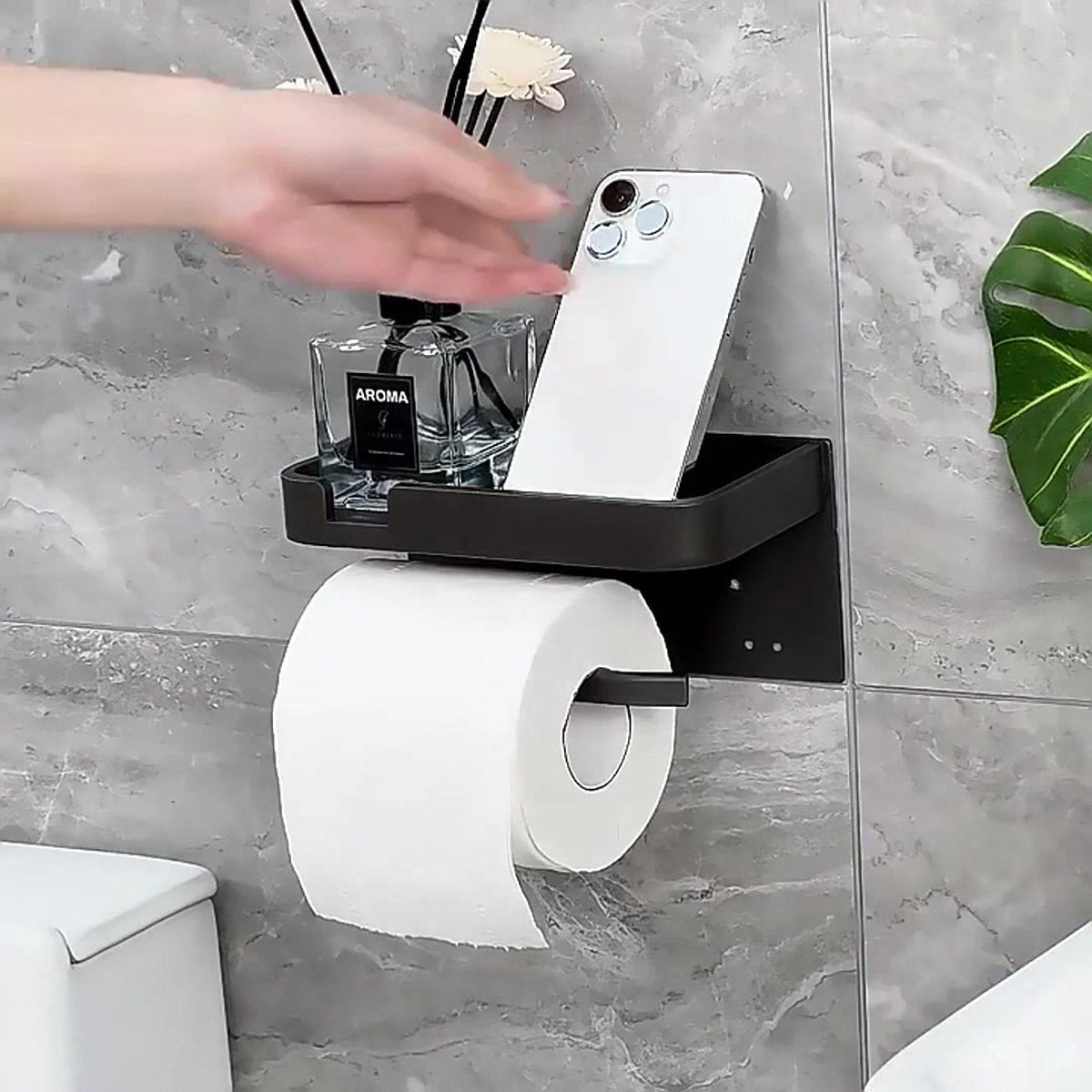 Toilet Roll Holder - With Shelf - Stainless Steel - High Load Capacity - Portable - Water Resistant - Self-Adhesive / Drilling Required - Toilet Roll Holder - Toilet Paper Holder - Tray - Grey - Incl. Screws - Easy to Install - Image 2