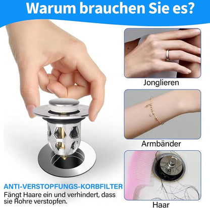 Universal Sink Stopper - Pop-Up Washbasin Stopper - Washbasin Drain Plug - Drain Stopper - Drain Strainer - Hair Catcher - Washbasin - Drain Plugs - Washbasins - Bathroom / Kitchen - Anti-Hair - Chrome - For 34-40 mm - Image 5