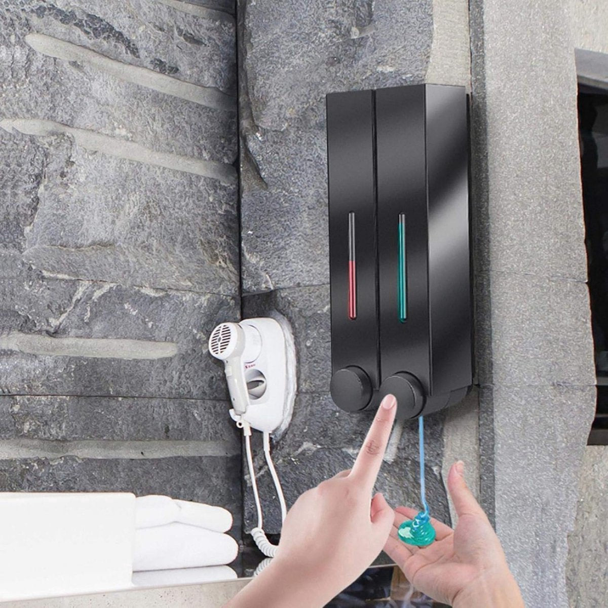 Shampoo Dispenser - Soap Dispenser - Soap Dispenser - ABS - Liquid Level Indicator - 2 Leak-Proof Reservoirs - 2x420ml - Push-Type - No Drilling Required - Soap Pump - Soap Pump - Hanging - Wall Mounting - Shower/Kitchen - Bathroom Accessory - Black - Dur - Image 3