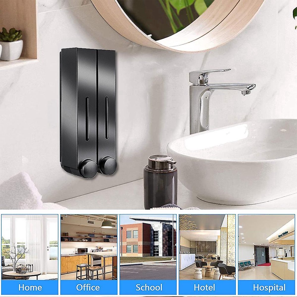 Shampoo Dispenser - Soap Dispenser - Soap Dispenser - ABS - Liquid Level Indicator - 2 Leak-Proof Reservoirs - 2x420ml - Push-Type - No Drilling Required - Soap Pump - Soap Pump - Hanging - Wall Mounting - Shower/Kitchen - Bathroom Accessory - Black - Dur - Image 4