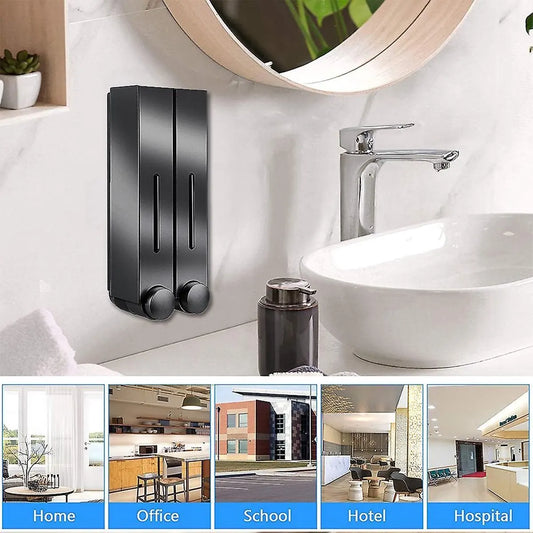 Shampoo Dispenser - Soap Dispenser - Soap Dispenser - ABS - Liquid Level Indicator - 2 Leak-Proof Reservoirs - 2x420ml - Push-Type - No Drilling Required - Soap Pump - Soap Pump - Hanging - Wall Mounting - Shower/Kitchen - Bathroom Accessory - Black - Dur - Image 4