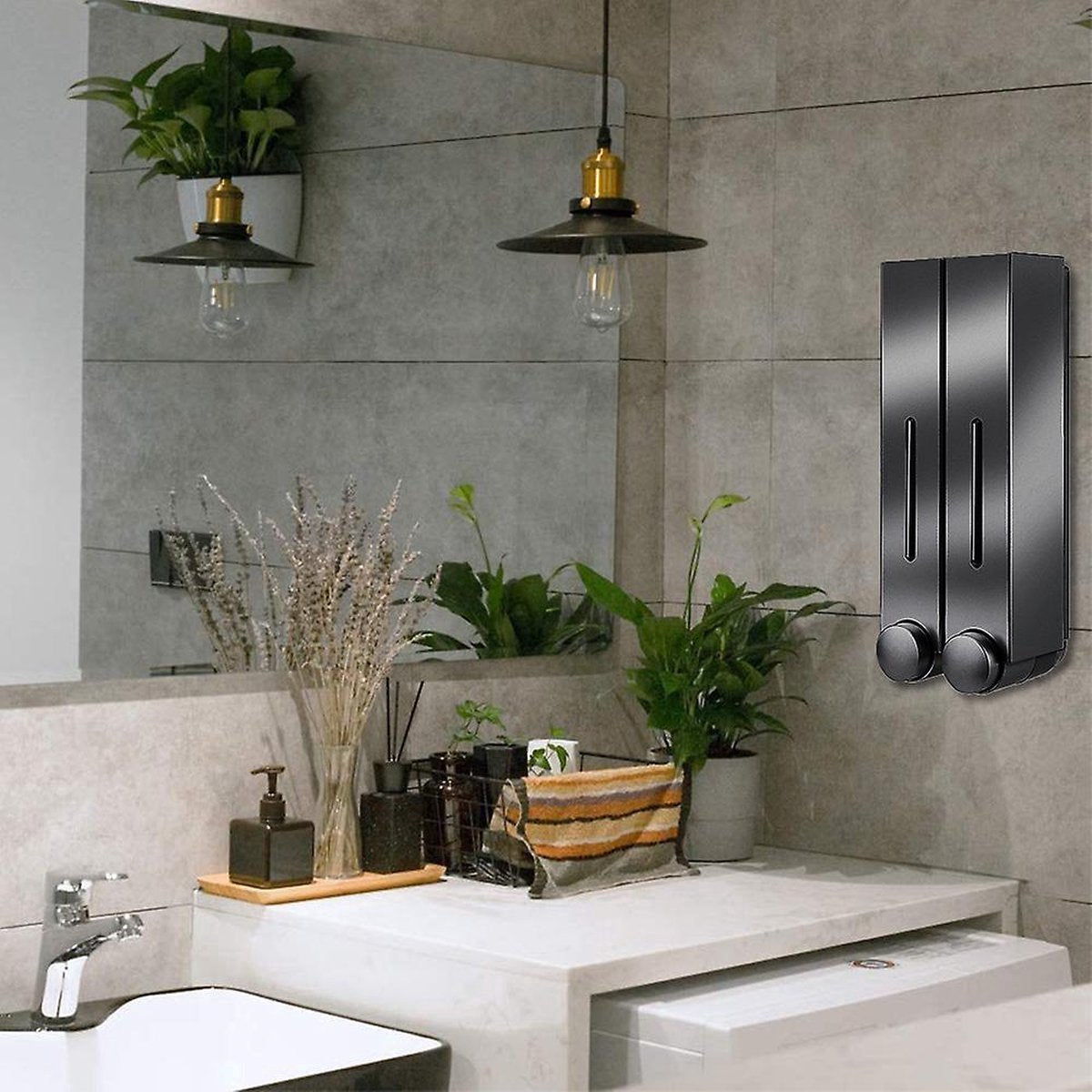 Shampoo Dispenser - Soap Dispenser - Soap Dispenser - ABS - Liquid Level Indicator - 2 Leak-Proof Reservoirs - 2x420ml - Push-Type - No Drilling Required - Soap Pump - Soap Pump - Hanging - Wall Mounting - Shower/Kitchen - Bathroom Accessory - Black - Dur - Image 5