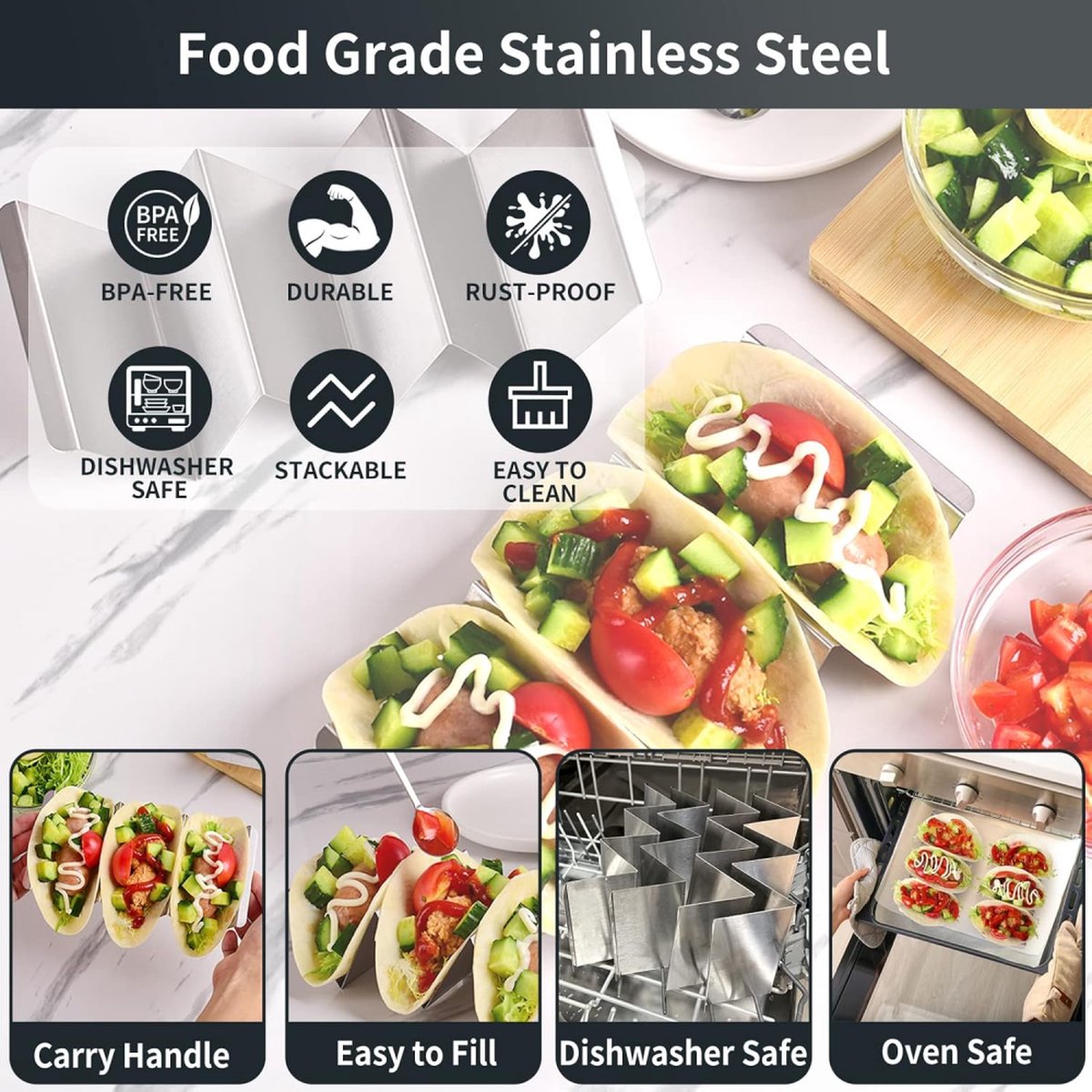 Taco Holder with 3 Compartments - Set of 2 - Stainless Steel - Taco Holder - Tortilla Holder - Tortilla Stand - Taco Rack - Taco and Tortilla Rack - Oven Safe - For 6 Tacos - Serving Dishes - Cooking & Dining - Cookware - Image 2