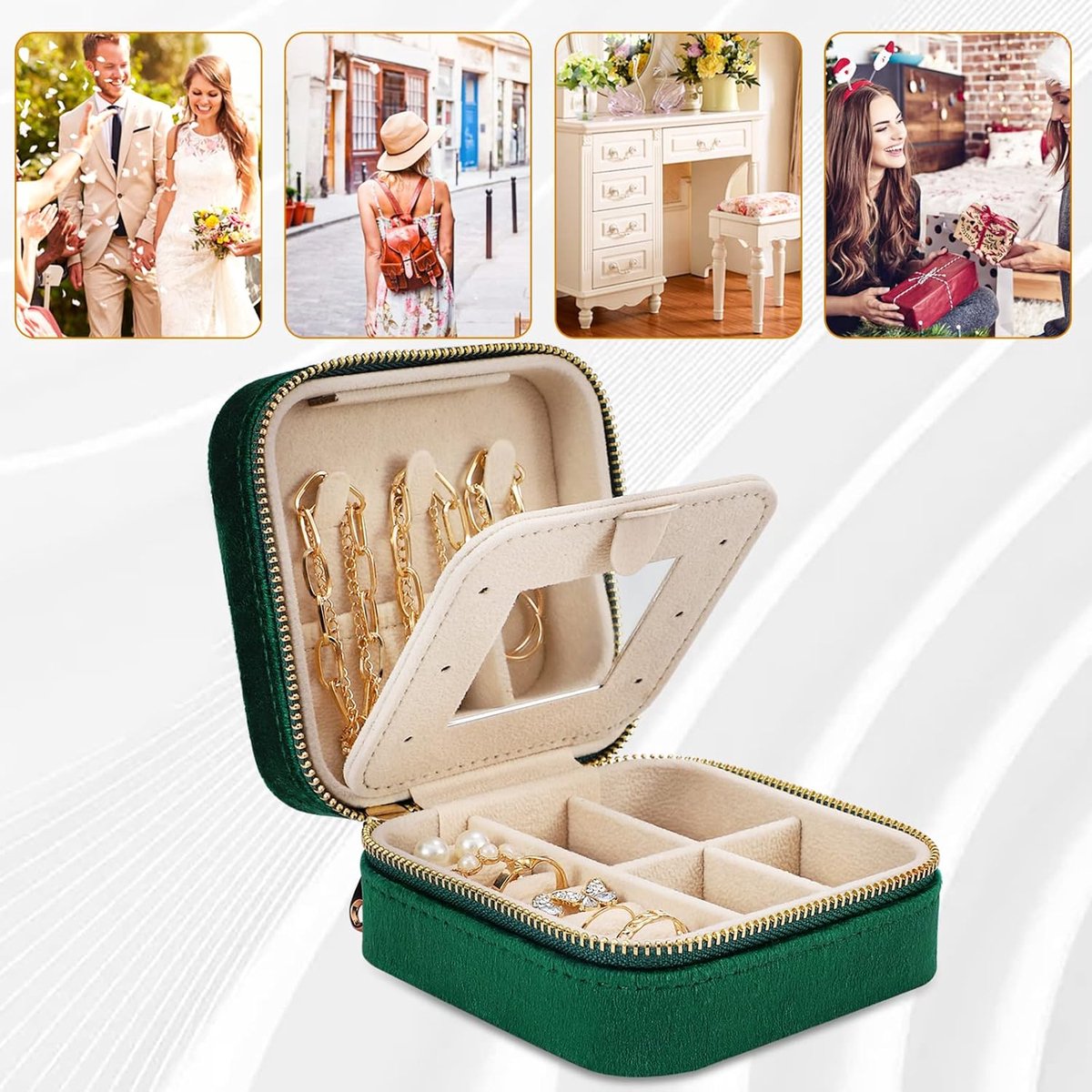 Mini Jewelry Box - Luxury Jewelry Box - With Mirror - Jewelry Box - Flannel - Jewelry Holder - Jewelry Storage Box - Bijouterie Box - Zipper - Travel - Traveling - Women/Girls - Green - Gift For Her - Soft Protection - Image 4