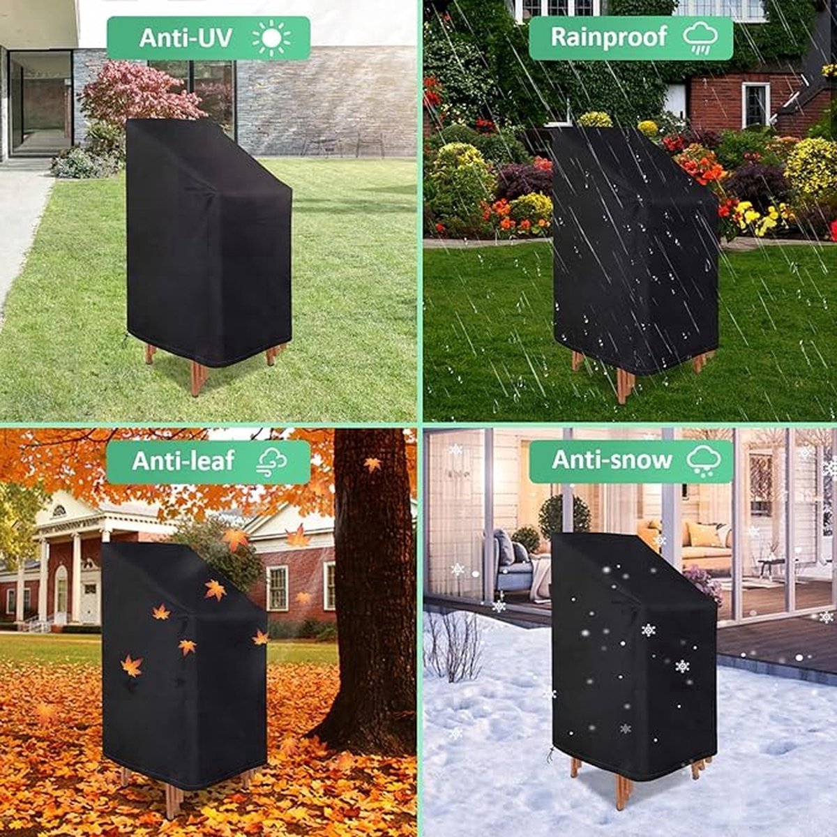 2-Piece Garden Chair Cover - Garden Chair Protective Cover - Durable - Waterproof - With Buckle and Drawstring - Dustproof - Anti-UV - Protect - Fixed - Stackable Chair Storage Cover - Chair Cover - Handles on Both Sides - 64*64*120 cm - Black - Image 3