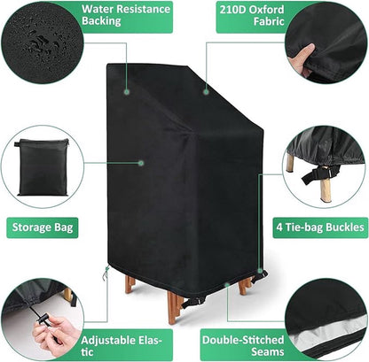 2-Piece Garden Chair Cover - Garden Chair Protective Cover - Durable - Waterproof - With Buckle and Drawstring - Dustproof - Anti-UV - Protect - Fixed - Stackable Chair Storage Cover - Chair Cover - Handles on Both Sides - 64*64*120 cm - Black - Image 5