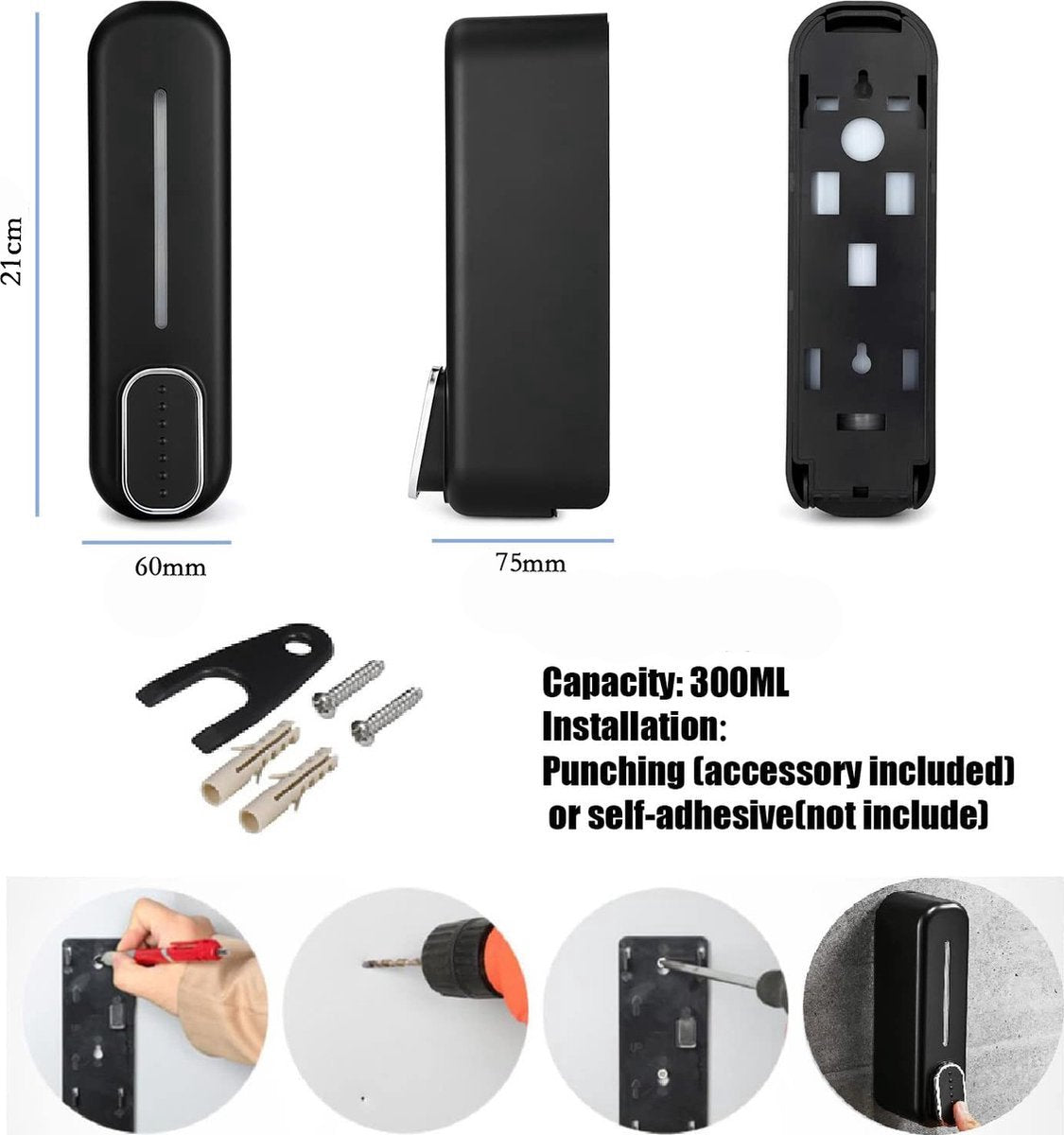 Shampoo Dispenser - Soap Dispenser - Refillable - Large Capacity - 350 ml - Wall-Mounted - Soap Pump - Small Soap Pump - Black - Wall Mount - Easy to Install - No Electricity Required - Durable - For Bathroom, Hotel - Image 2