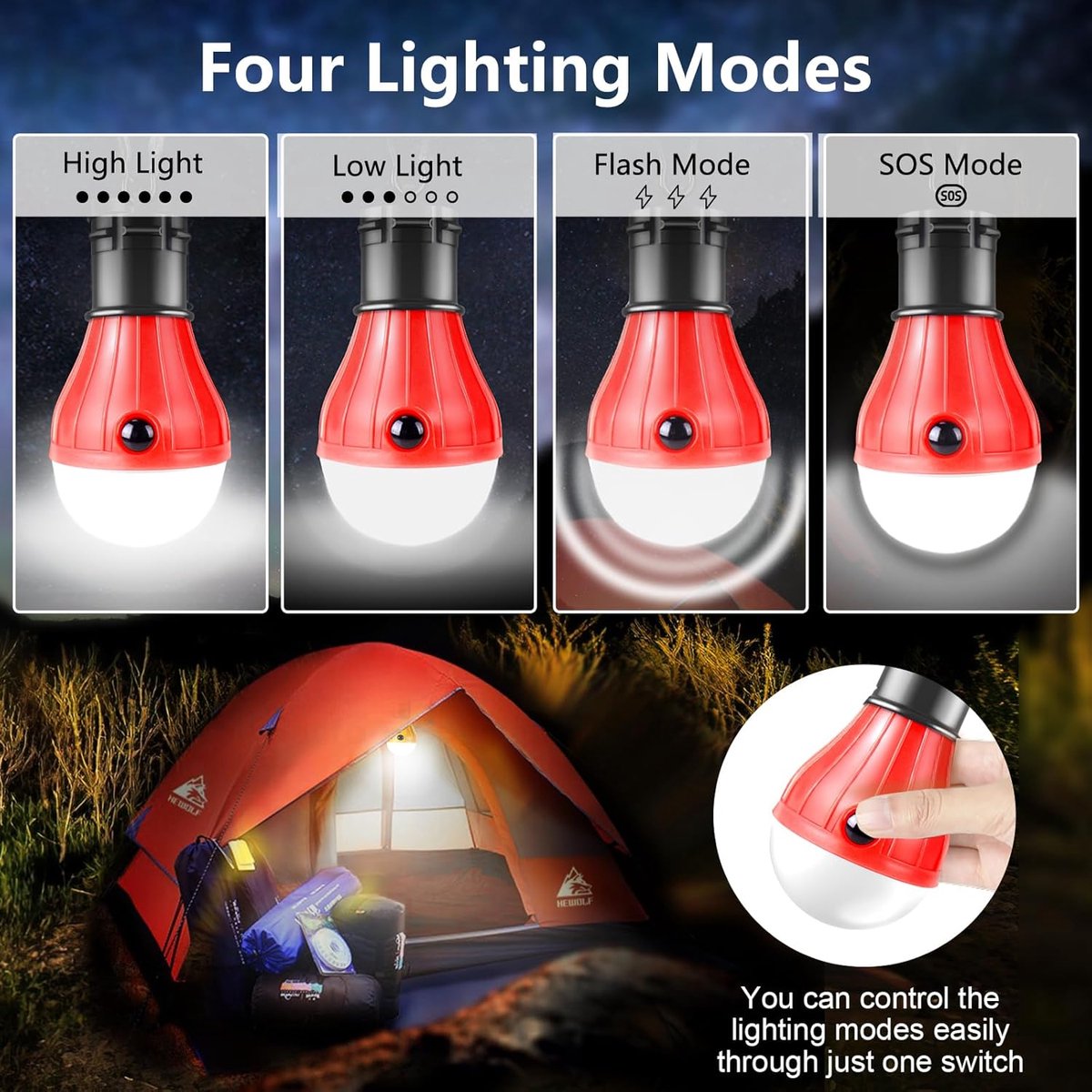 Camping Lamp - 4-Piece - Camping - Creative Adjustable LED Tent Lamp - Portable Camping Lamp - Camp Lamp - Tent Lighting - Lights - IPX4 Waterproof - Bright - Battery Operated Emergency - 4 Lighting Modes - for Outdoor / Fishing / Travel / Camping - Image 2
