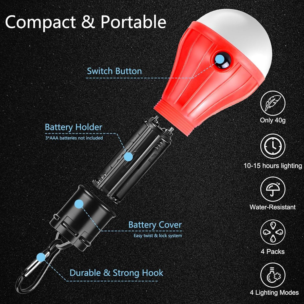Camping Lamp - 4-Piece - Camping - Creative Adjustable LED Tent Lamp - Portable Camping Lamp - Camp Lamp - Tent Lighting - Lights - IPX4 Waterproof - Bright - Battery Operated Emergency - 4 Lighting Modes - for Outdoor / Fishing / Travel / Camping - Image 4
