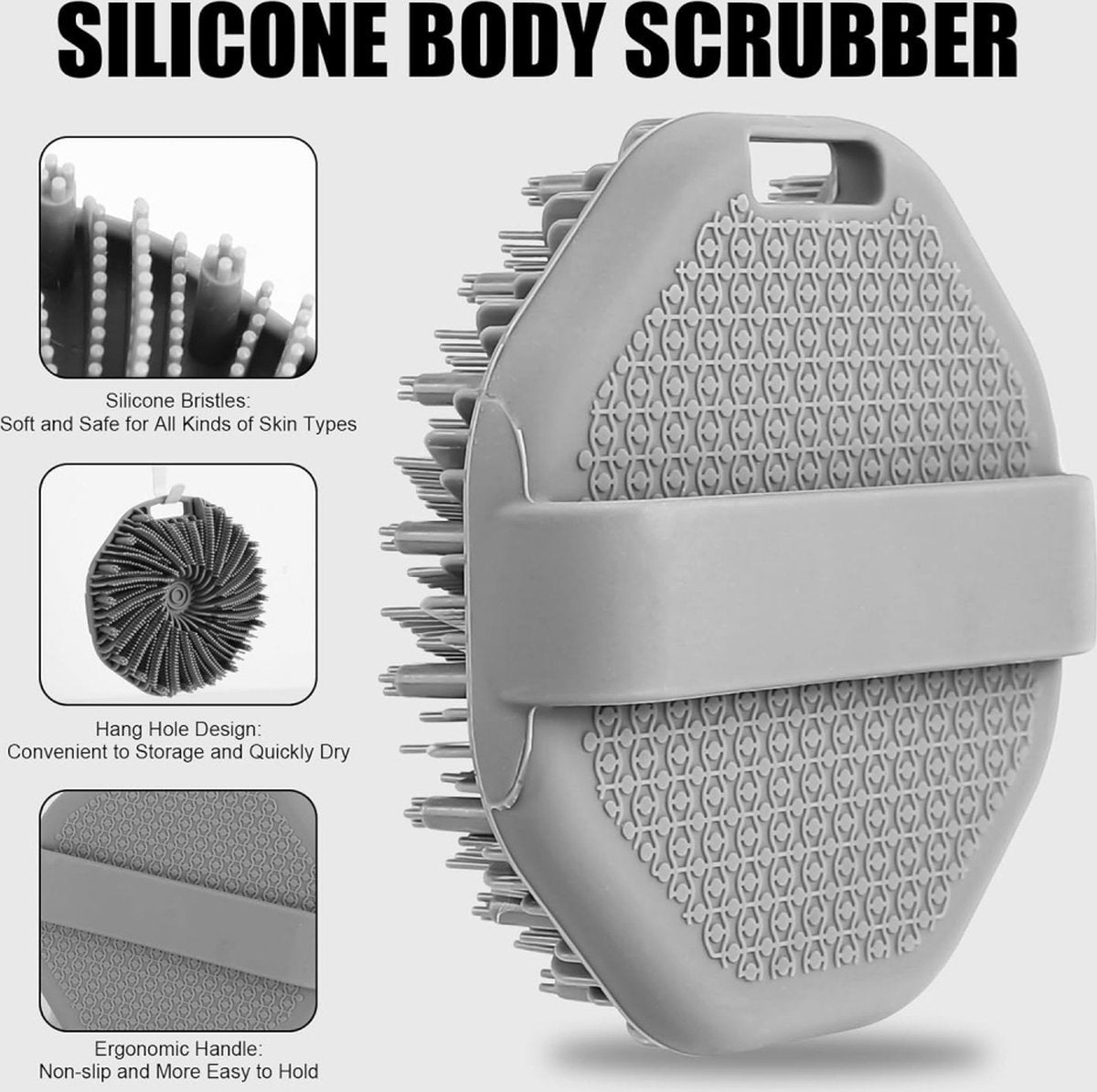 Silicone Bath Brush - 2 Pieces - Dry Brush Skin Brush - Back Scrubber - Body Scrubbers - Body Brush - Back Brush Shower - Shower Brush - Silicone Brush - Massage - Bath & Shower Accessories - Easy Lathering - Ergonomic Handle - Grey - Image 3