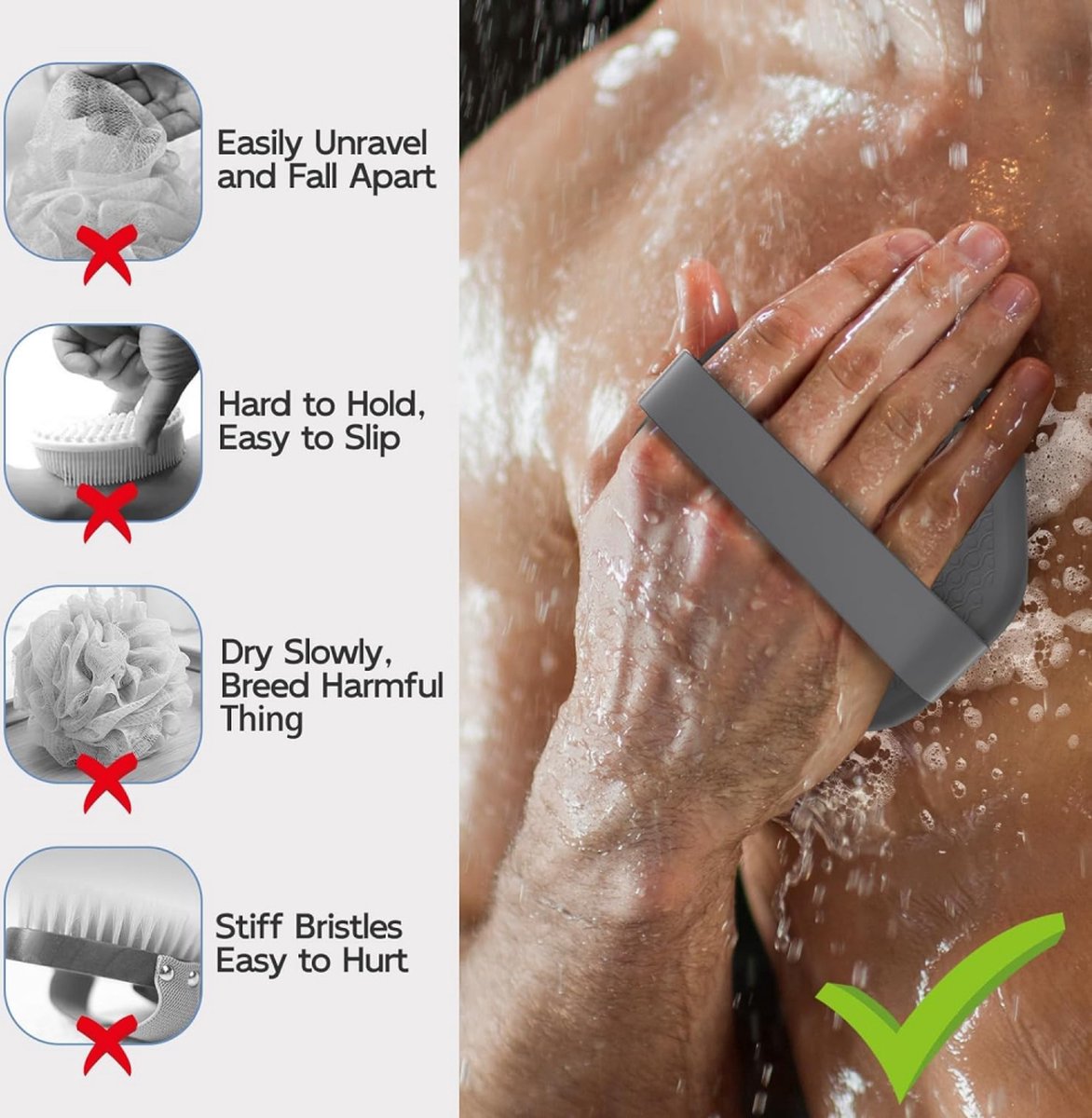 Silicone Bath Brush - 2 Pieces - Dry Brush Skin Brush - Back Scrubber - Body Scrubbers - Body Brush - Back Brush Shower - Shower Brush - Silicone Brush - Massage - Bath & Shower Accessories - Easy Lathering - Ergonomic Handle - Grey - Image 4