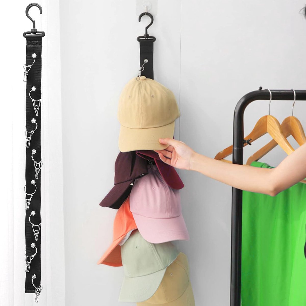 Hat Rack - 2 Pieces - Cap Rack - Cap Organizer - Wall Hat Hook - Hat Holder - Simple Hat Rack - Clothes Hanger - Cap Organizer - Cap Holder - Hanging Baseball Cap - Wall Mount with Hooks - 360 Degree Rotatable - 8 Hat Storage Clips - Image 3