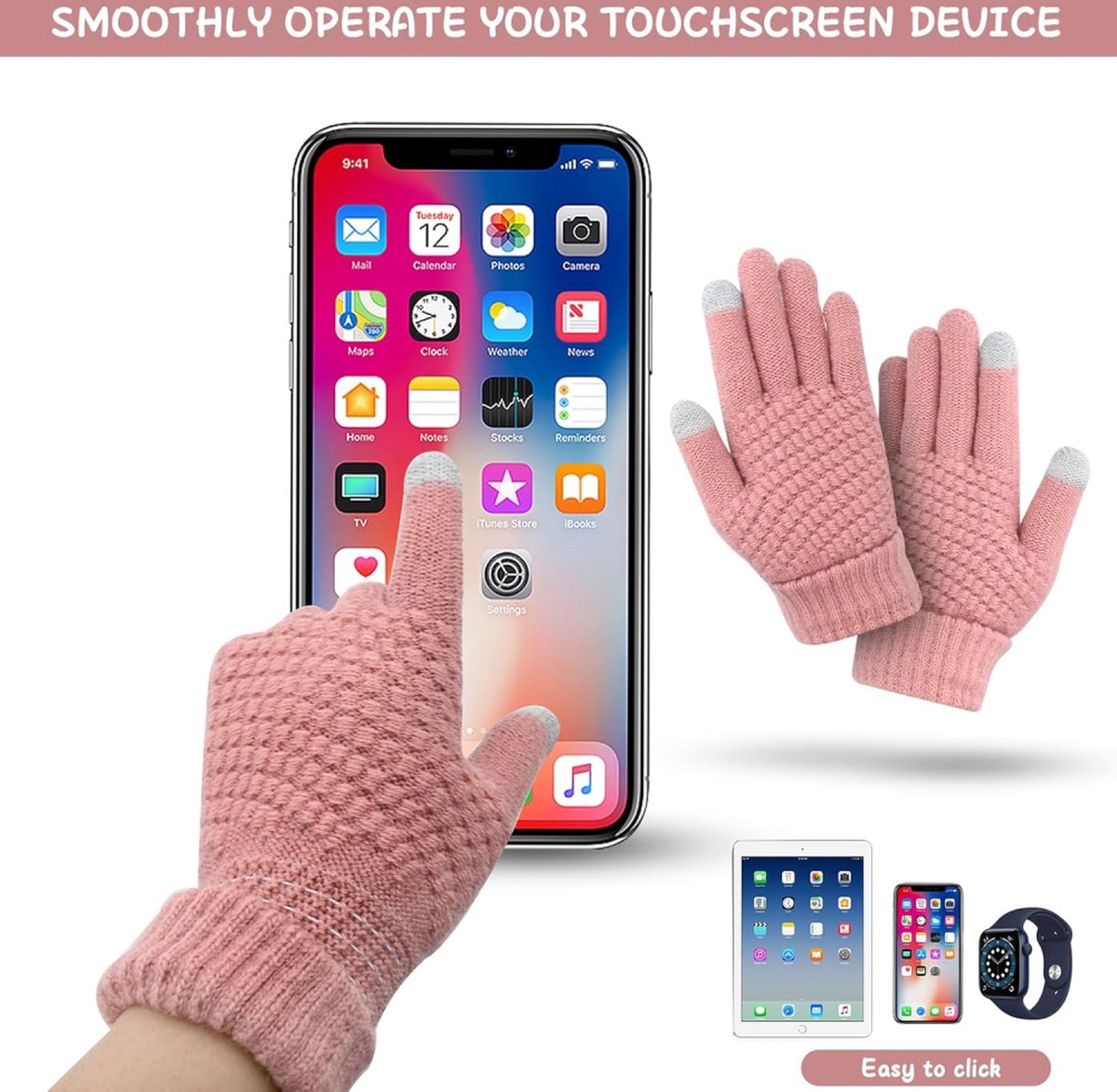 Women's Gloves - Glove - Touchscreen Gloves - Men's Gloves - Warm Gloves - Winter Gloves - Full Finger Knitted Gloves - Windproof Gloves - Splashproof Gloves - Thick - One Size - Pink - Image 3