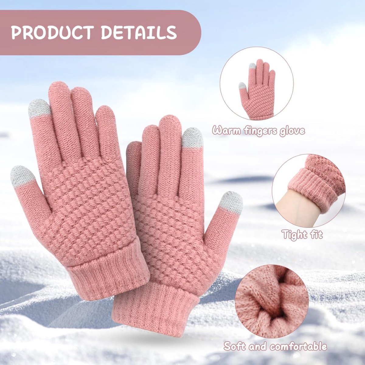 Women's Gloves - Glove - Touchscreen Gloves - Men's Gloves - Warm Gloves - Winter Gloves - Full Finger Knitted Gloves - Windproof Gloves - Splashproof Gloves - Thick - One Size - Pink - Image 5