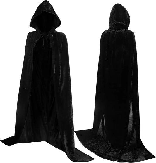 Luxury Black Hooded Coat - 170cm / XXL - Carnival Halloween Costume - Black Velour Coat - Hat - Adults - Dress Up - Costume Cape - Gothic - Fantasy - Halloween Suit - Carnival Clothing - Women and Men