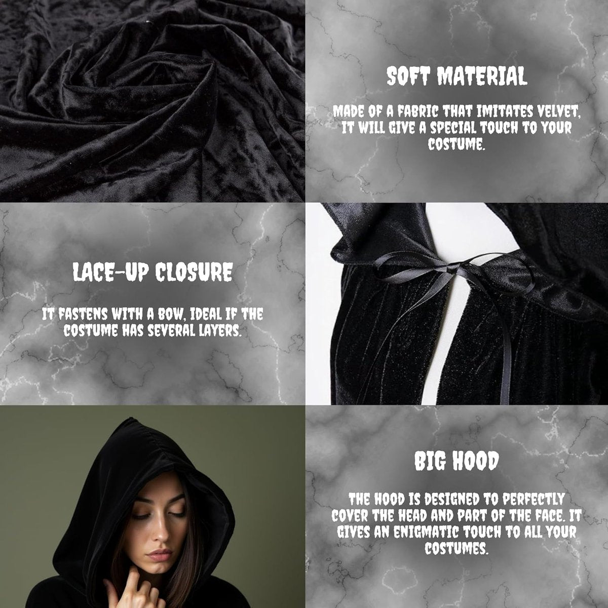 Luxury Black Hooded Coat - 170cm / XXL - Carnival Halloween Costume - Black Velour Coat - Hat - Adults - Dress Up - Costume Cape - Gothic - Fantasy - Halloween Suit - Carnival Clothing - Women and Men - Image 4