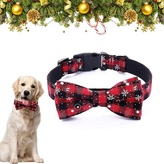 Christmas Dog Bow Tie - Festive Dog Bow Tie - Collar with Bow - Dog Collar - Red - Checkered Bowtie - Adjustable Neckline - Dog Accessories - Dog Clothing - Dogwear - Christmas - Gift - Size M