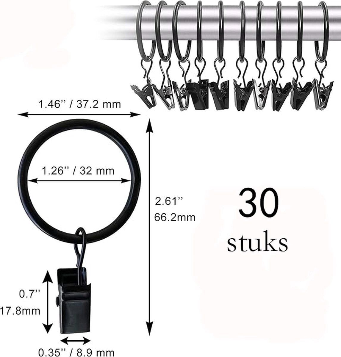30 Pieces Curtain Rings with Clips - Curtain Rings - Thicker - 32mm - Stainless Steel - Shower Curtain Rings - Curtain Hooks - Curtain - Shower Curtain - Hooks - High Quality - Black - Value Pack - Image 2
