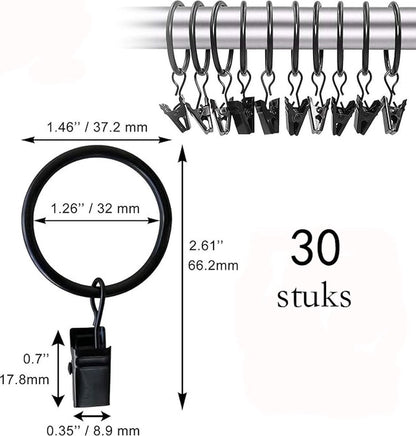 30 Pieces Curtain Rings with Clips - Curtain Rings - Thicker - 32mm - Stainless Steel - Shower Curtain Rings - Curtain Hooks - Curtain - Shower Curtain - Hooks - High Quality - Black - Value Pack - Image 2