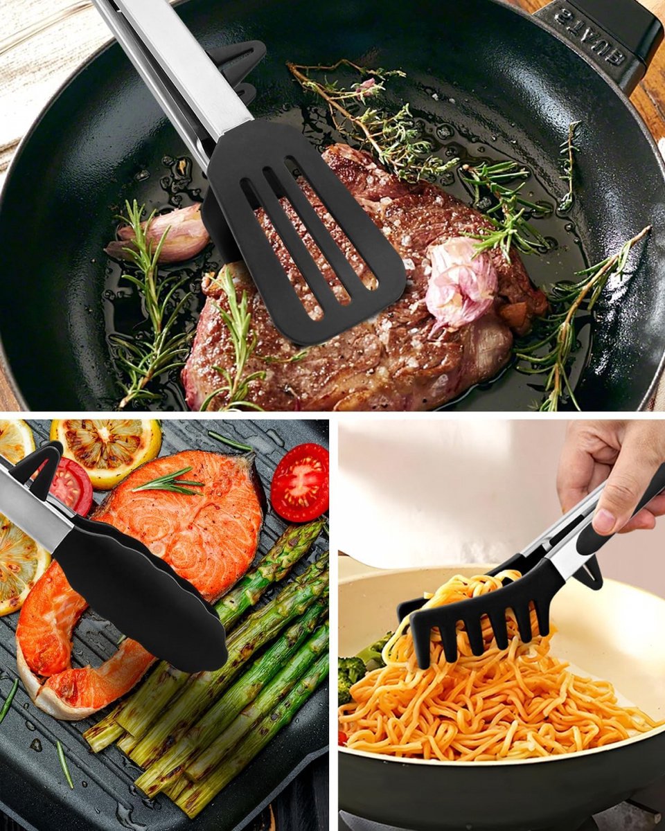 Meat Tongs - Set of 3 - Kitchen Tongs - Spaghetti Tongs - Pasta Tongs - Serving Tongs - Cooking Tongs - With Support Feet and Hanging Holes - Salad Tongs - Asparagus Tongs - BBQ Tongs - BBQ Accessories - Stainless Steel and Silicone - Kitchen Utensils - F - Image 3