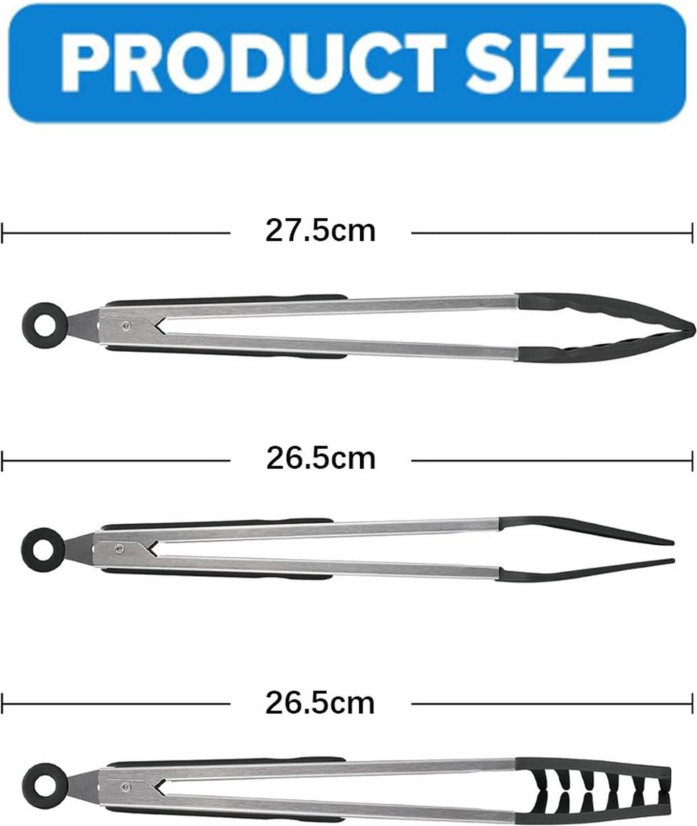 Meat Tongs - Set of 3 - Kitchen Tongs - Spaghetti Tongs - Pasta Tongs - Serving Tongs - Cooking Tongs - With Support Feet and Hanging Holes - Salad Tongs - Asparagus Tongs - BBQ Tongs - BBQ Accessories - Stainless Steel and Silicone - Kitchen Utensils - F - Image 5
