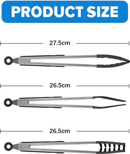 Meat Tongs - Set of 3 - Kitchen Tongs - Spaghetti Tongs - Pasta Tongs - Serving Tongs - Cooking Tongs - With Support Feet and Hanging Holes - Salad Tongs - Asparagus Tongs - BBQ Tongs - BBQ Accessories - Stainless Steel and Silicone - Kitchen Utensils - F - Image 5