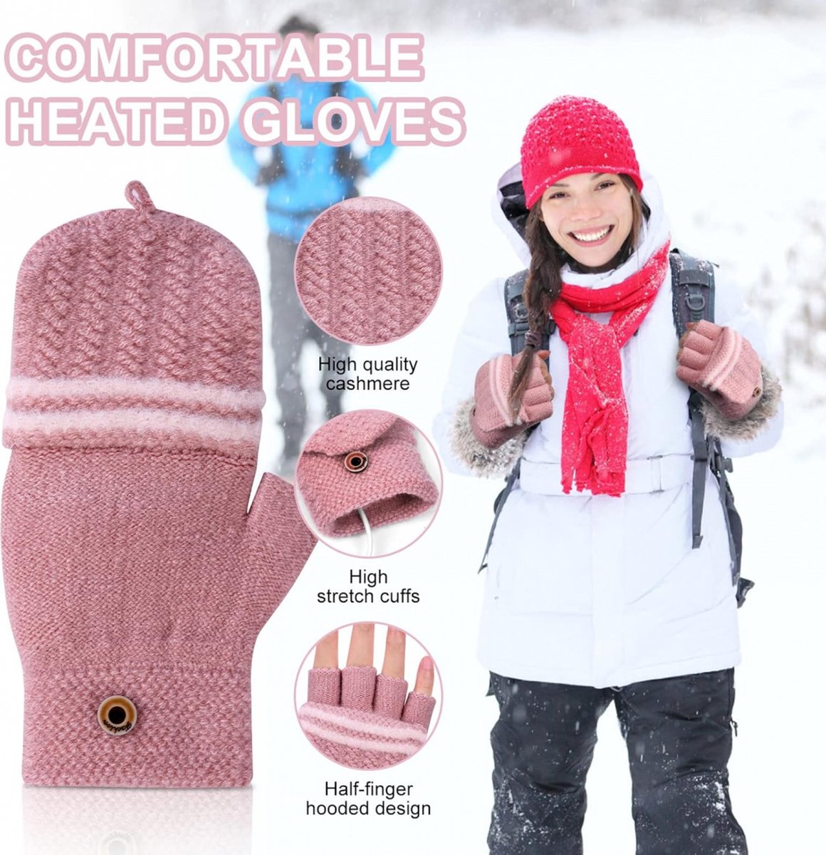 Heated Gloves - USB Heated Mittens - Heated Gloves - Electric Winter Gloves - Knitted Heated Gloves - Waterproof - Windproof - USB Rechargeable - Electrically Heated - One Size - Unisex - Winter Gift - Pink - Image 3