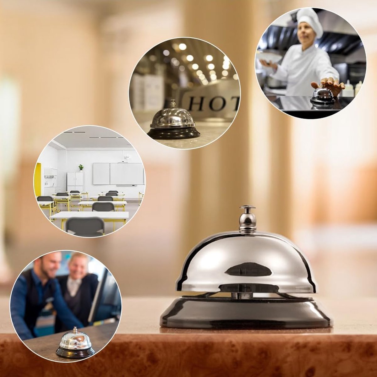 Table Bell - 2 Pieces - Reception Bell - Small Table Bell - School Bell - Counter Bell - Hotel Bell - Butler Bell - Kitchen Bell - Hospitality Bell - Santa Claus Bell - Stainless Steel - 9 Cm - Loud Sound - Bell - Silver/Black - Image 4