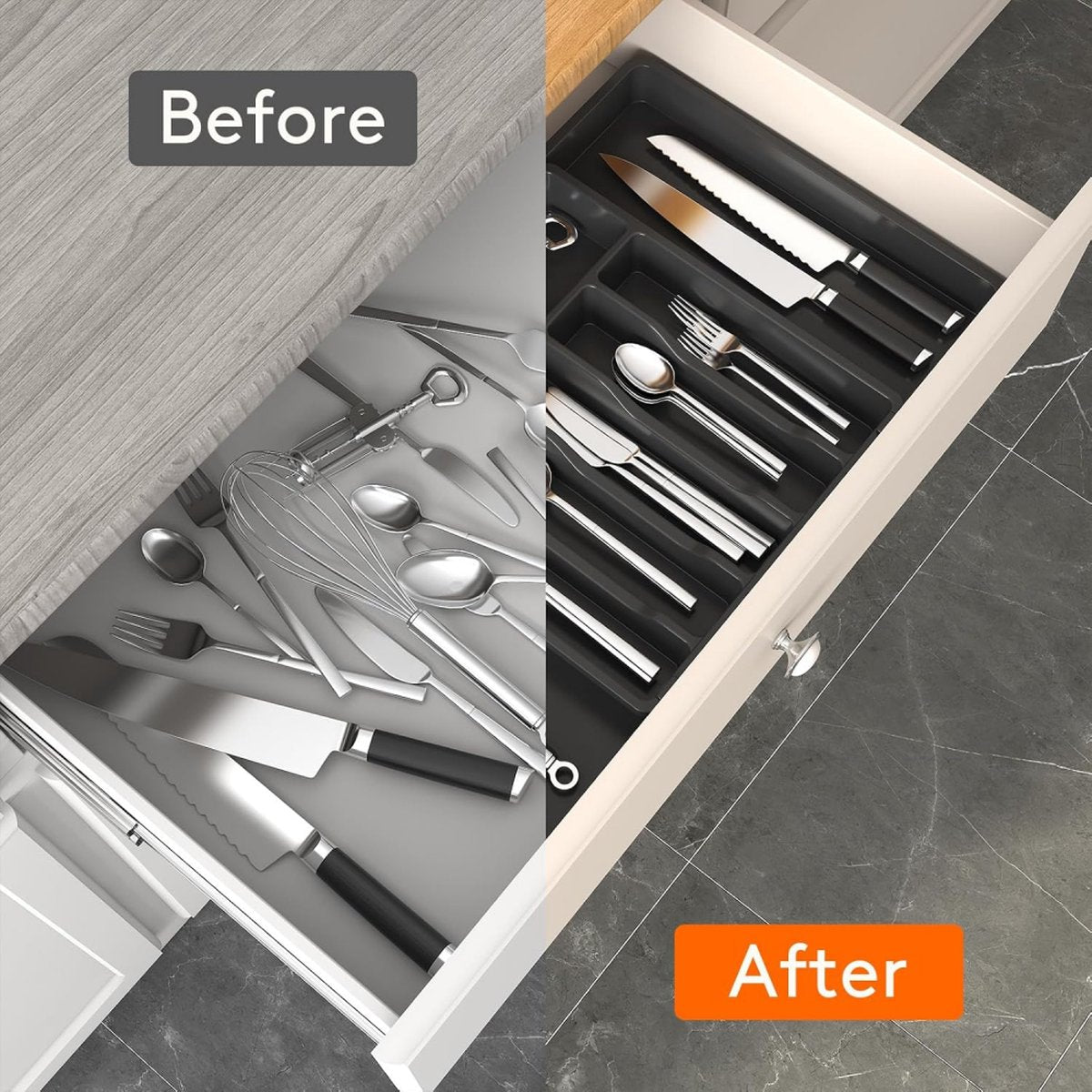 Extendable Cutlery Tray with 8 Compartments - 38 Cm Deep - Cutlery Cassette - Cutlery Drawer Organizer - Kitchen Cutlery Holder - BPA-Free - Organizer - Kitchen Drawer - Cutlery - 57 x 38 x 5 Cm Maximum Size - 33 x 38 x 5 Minimum Size - 6 to 8 Compartment - Image 2
