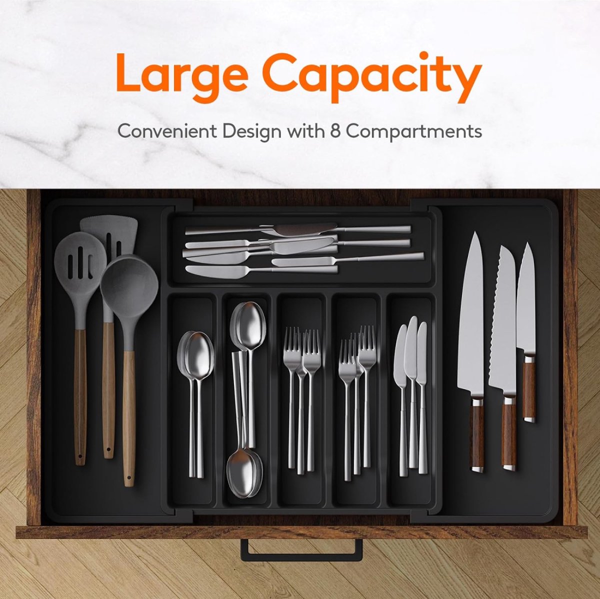 Extendable Cutlery Tray with 8 Compartments - 38 Cm Deep - Cutlery Cassette - Cutlery Drawer Organizer - Kitchen Cutlery Holder - BPA-Free - Organizer - Kitchen Drawer - Cutlery - 57 x 38 x 5 Cm Maximum Size - 33 x 38 x 5 Minimum Size - 6 to 8 Compartment - Image 3
