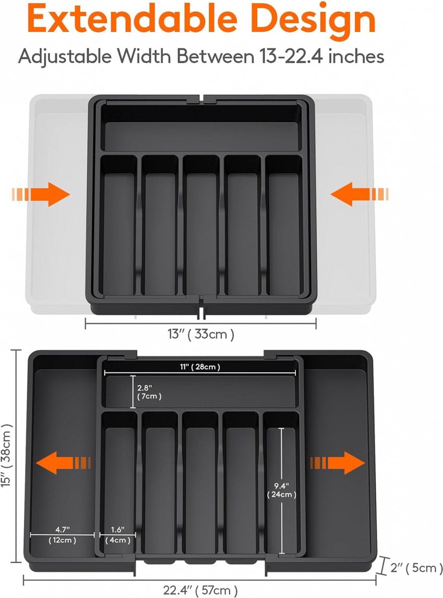 Extendable Cutlery Tray with 8 Compartments - 38 Cm Deep - Cutlery Cassette - Cutlery Drawer Organizer - Kitchen Cutlery Holder - BPA-Free - Organizer - Kitchen Drawer - Cutlery - 57 x 38 x 5 Cm Maximum Size - 33 x 38 x 5 Minimum Size - 6 to 8 Compartment - Image 5