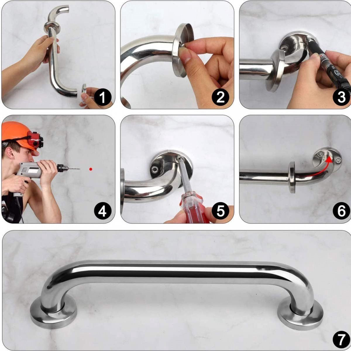 Wall Grab Bar - Extra Grip - 2 Pieces - 40 Cm - Stainless Steel - Handle / Wall Grab Bar for Bathroom / Shower / Toilet - Toilet Grab Bar - Bath Grab Bar - Shower Grab Bar - Non-Slip Grab Bar - Bathroom Handle - Safety Grip - High Load Capacity - Screws I - Image 3