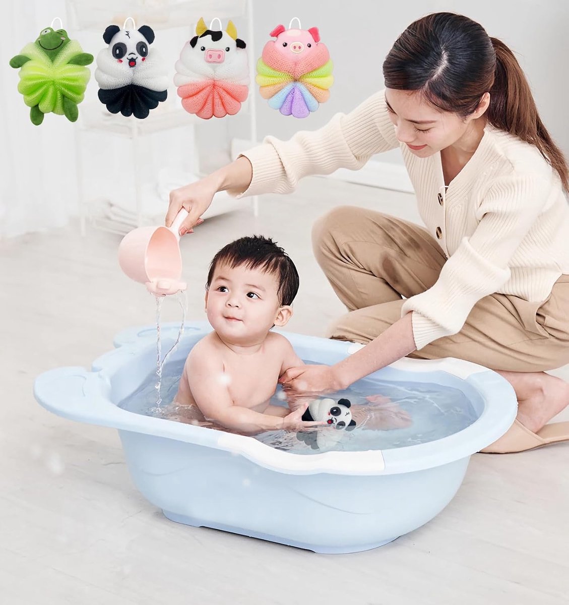 Shower Puff - 4 Pieces!! - Bath Sponge - Kids Bath Sponge - Relaxing Bath - Scrubbing Sponge - Soft Sponge - Shower Sponge - Bath Sponge - Massage Sponge - Scrubbing Sponge - Shower - Bath - Bath Sponge In Beautiful Colors - Massage Sponge - Shower Stick  - Image 3