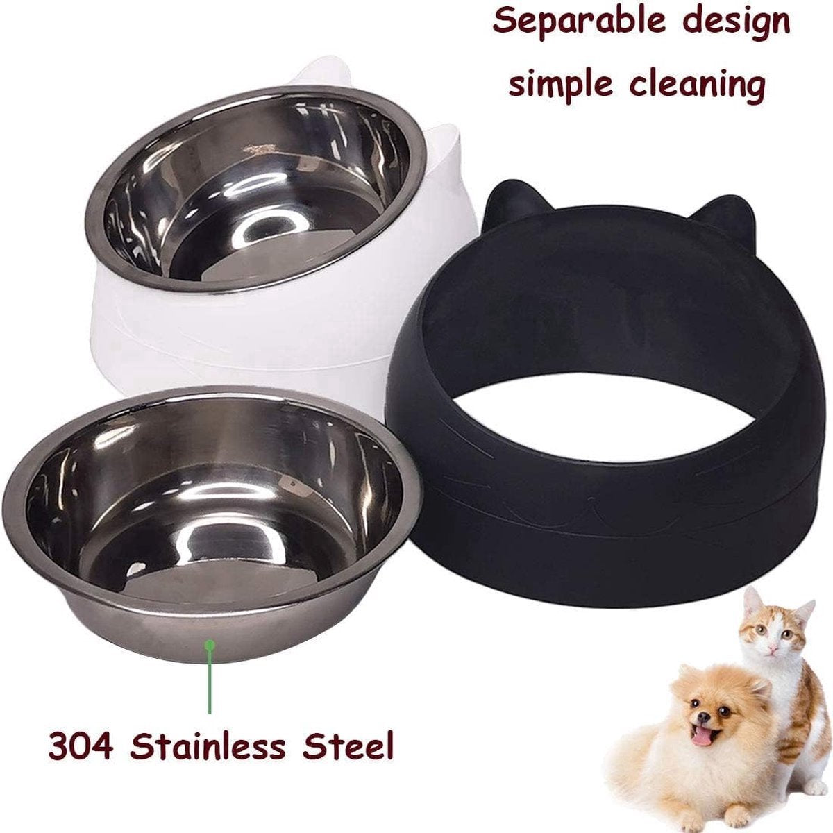 Dog Food Bowl - Cat Food Bowl - Stainless Steel - BPA-Free - Removable 2-in-1 Pet Bowl - 15° Tiltable - 2 x 200 ml - Dog Bowl - Sturdy - Durable - Non-Slip - - Dog & Cat Drinking Bowl - Black and White - Easy to Clean - Cat and Dog Gifts - Image 4