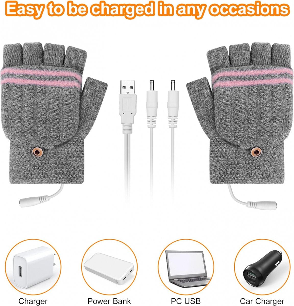 Heated Gloves - USB Heated Mittens - Heated Gloves - Electric Winter Gloves - Knitted Heated Gloves - Waterproof - Windproof - USB Rechargeable - Electrically Heated - One Size - Unisex - Winter Gift - Grey - Image 3