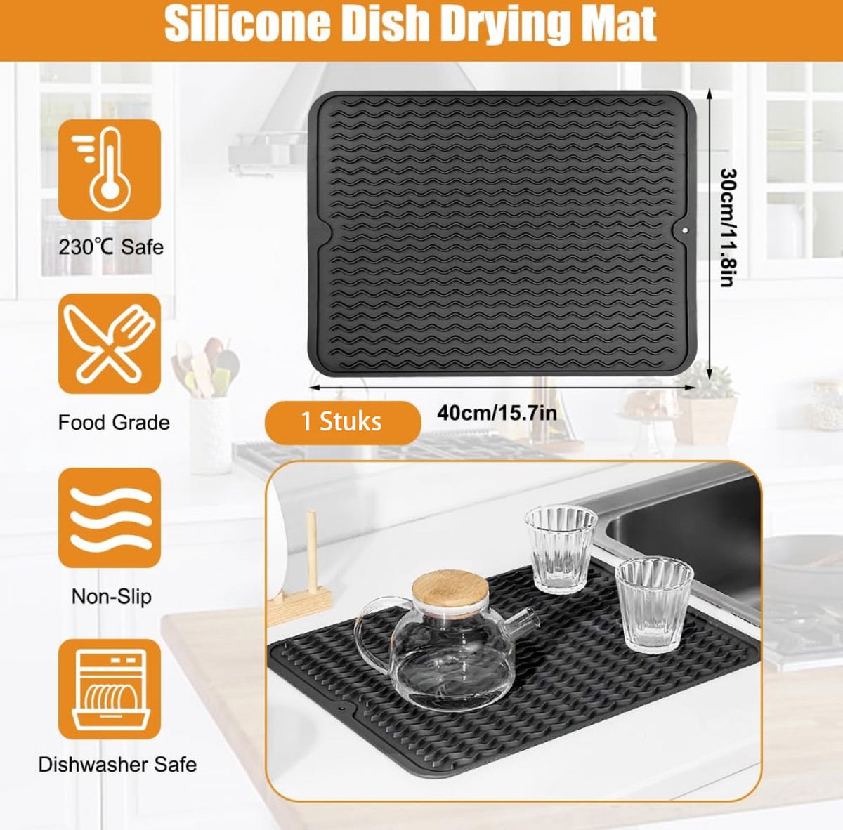 Draining Mat - Drying Mat - Silicone Mat - Dishwashing Mat - Countertop Mat - Bar Mat - With Hanging Hole - Black - 30 x 40 Cm - Pot Coaster - Draining Racks - Anti-Slip - Heat Resistant - Dishwasher Safe - Image 2