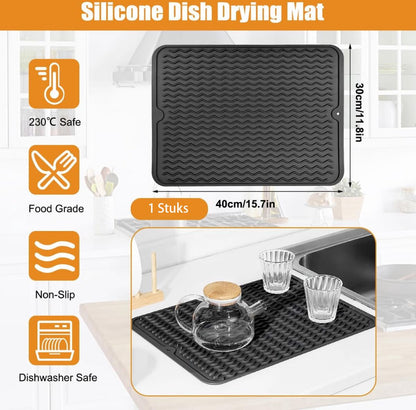 Draining Mat - Drying Mat - Silicone Mat - Dishwashing Mat - Countertop Mat - Bar Mat - With Hanging Hole - Black - 30 x 40 Cm - Pot Coaster - Draining Racks - Anti-Slip - Heat Resistant - Dishwasher Safe - Image 2