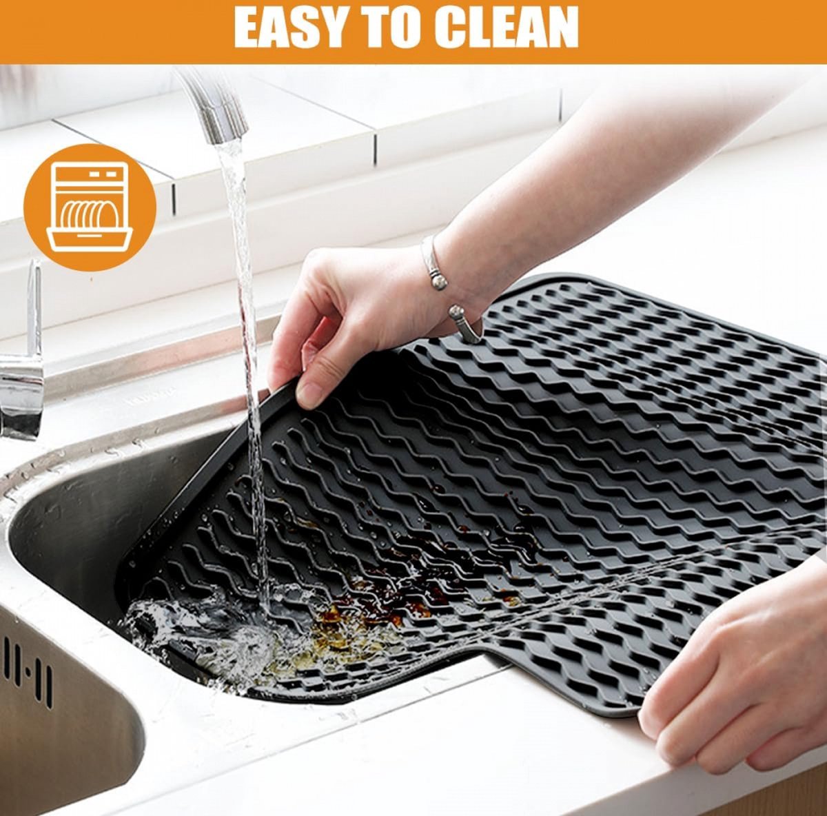 Draining Mat - Drying Mat - Silicone Mat - Dishwashing Mat - Countertop Mat - Bar Mat - With Hanging Hole - Black - 30 x 40 Cm - Pot Coaster - Draining Racks - Anti-Slip - Heat Resistant - Dishwasher Safe - Image 3