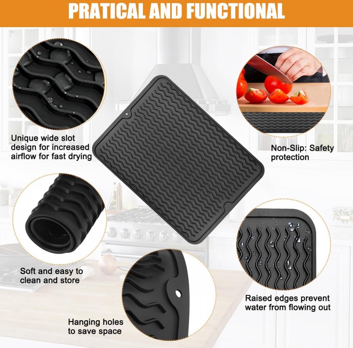 Draining Mat - Drying Mat - Silicone Mat - Dishwashing Mat - Countertop Mat - Bar Mat - With Hanging Hole - Black - 30 x 40 Cm - Pot Coaster - Draining Racks - Anti-Slip - Heat Resistant - Dishwasher Safe - Image 4