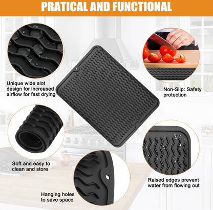 Draining Mat - Drying Mat - Silicone Mat - Dishwashing Mat - Countertop Mat - Bar Mat - With Hanging Hole - Black - 30 x 40 Cm - Pot Coaster - Draining Racks - Anti-Slip - Heat Resistant - Dishwasher Safe - Image 4