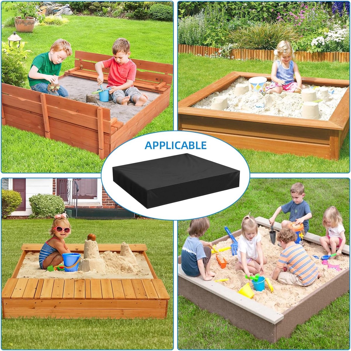 Waterproof Sandbox Cover - 120 x 120 x 20 cm - Dustproof Sandbox Cover with Drawstring - Oxford Fabric - Toy Sandbox Cover - for Pool, Patio, Garden - Black - Image 2