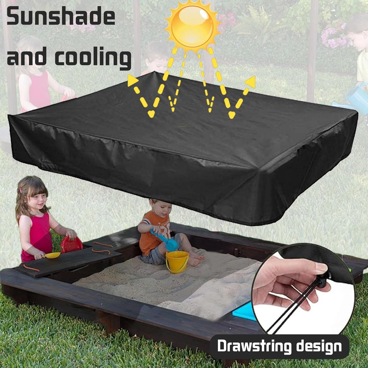 Waterproof Sandbox Cover - 120 x 120 x 20 cm - Dustproof Sandbox Cover with Drawstring - Oxford Fabric - Toy Sandbox Cover - for Pool, Patio, Garden - Black - Image 3