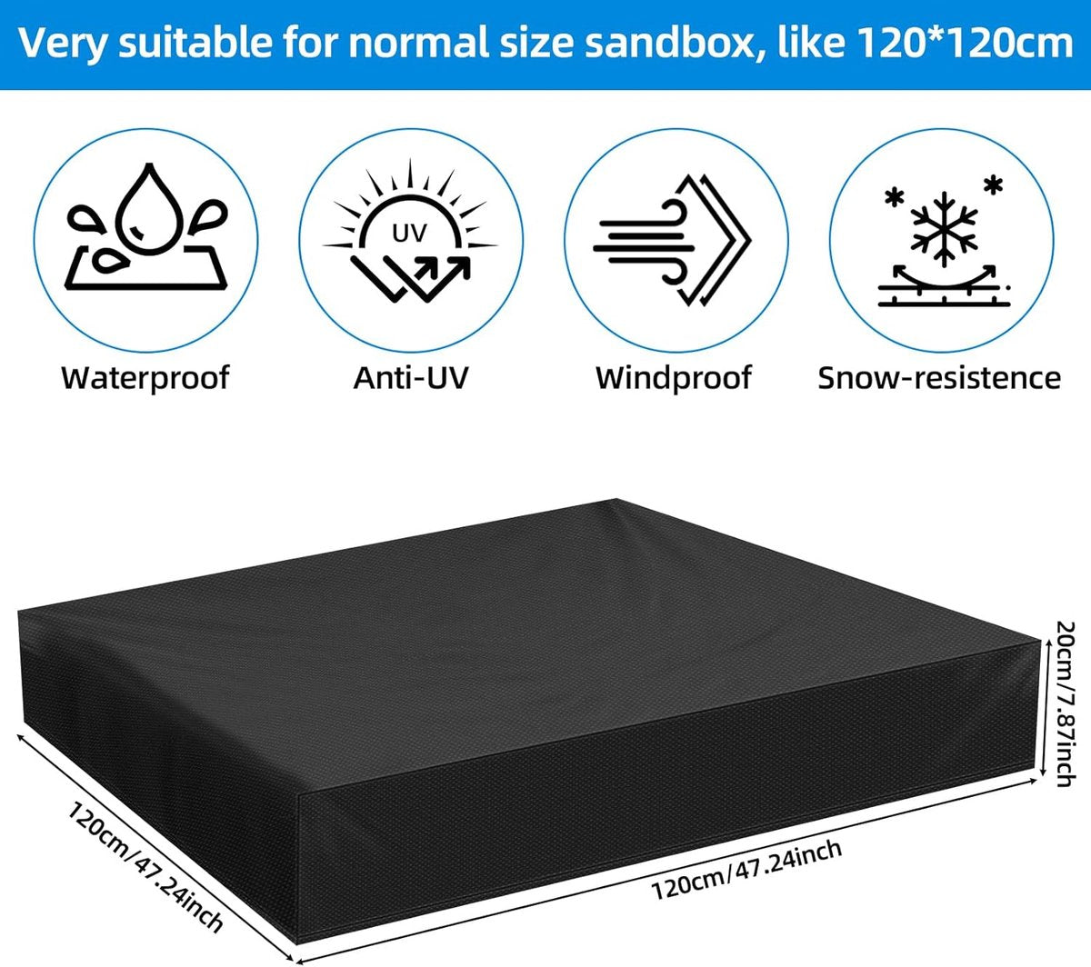 Waterproof Sandbox Cover - 120 x 120 x 20 cm - Dustproof Sandbox Cover with Drawstring - Oxford Fabric - Toy Sandbox Cover - for Pool, Patio, Garden - Black - Image 5